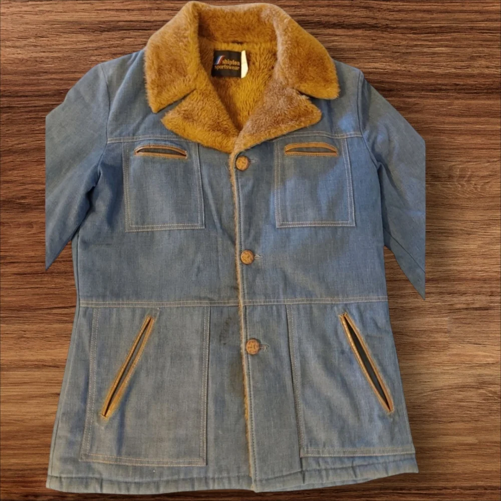 70's Vintage Denim Barn Coat by Shipton Sportswear Faux Fur Lined